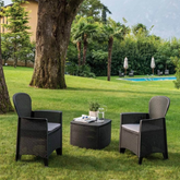 Cadeirão IPAE PROGARDEN, de cor cinzenta, com acabamento entrançado e assento com almofada. Exibido em ambiente exterior.